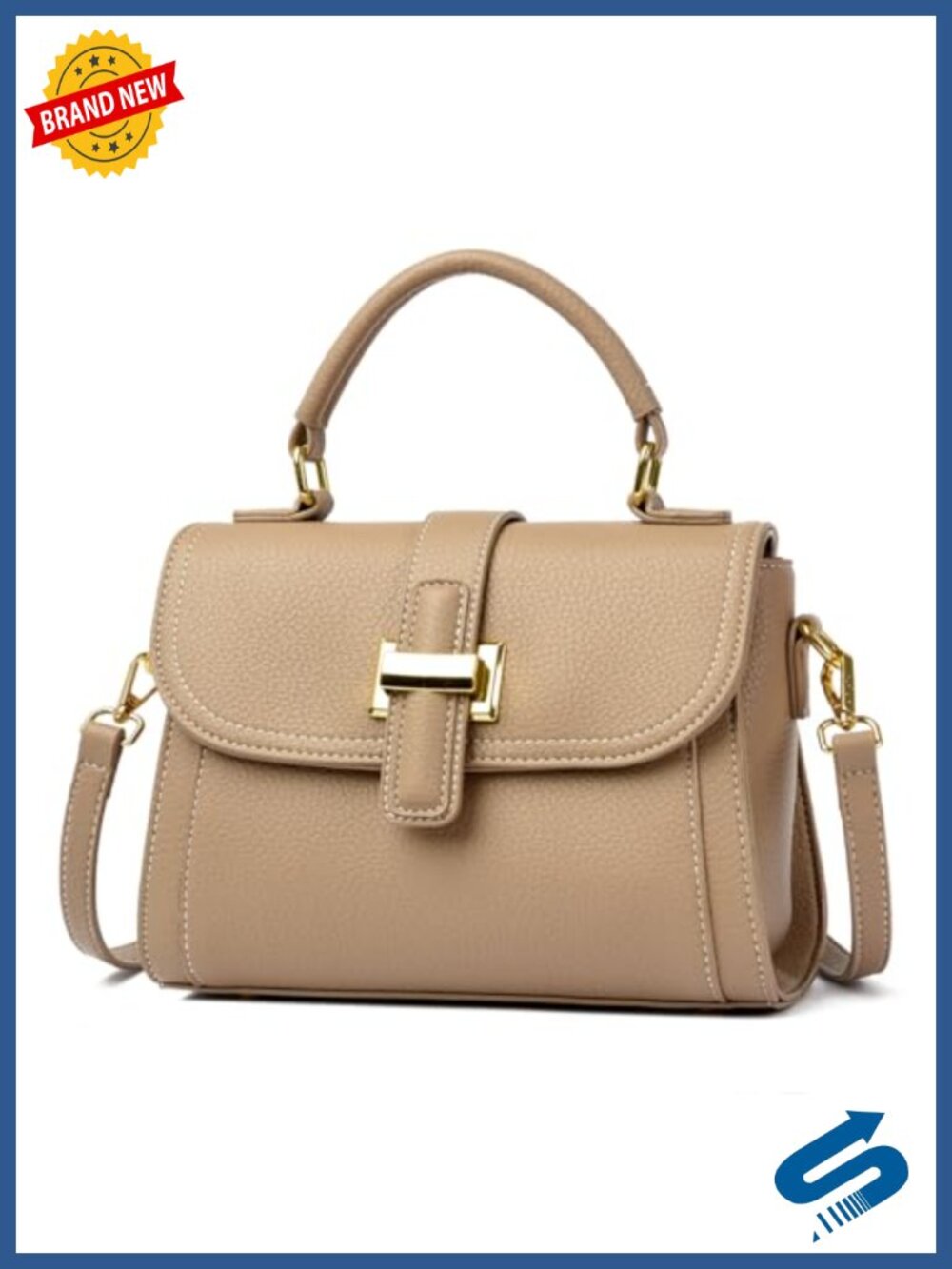 PU Leather Crossbody Bag with Gold Buckle, Lightweight Multi-Pocket Handbag